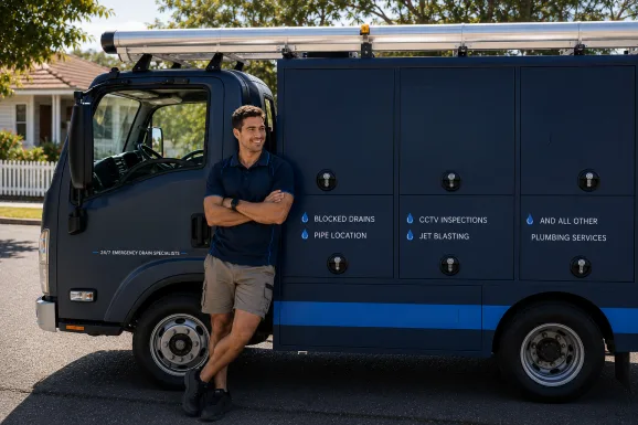 Plumber standing beside a service van in Normanhurst