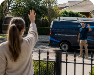 Customer waving goodbye to a Normanhurst Blocked Drains plumber